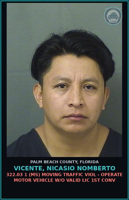 CCW arrest card for VICENTE, NICASIO NOMBERTO in Palm Beach County: 316.1935 1 (FT) FLEE/ELUDE POLICE - FAIL TO OBEY LEO ORDER TO STOP