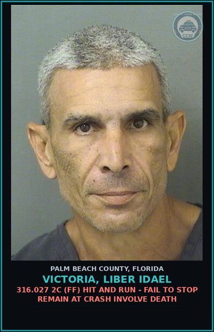 CCW arrest card for VICTORIA, LIBER IDAEL in Palm Beach County: 316.027 2C (FF) HIT AND RUN - FAIL TO STOP REMAIN AT CRASH INVOLVE DEATH