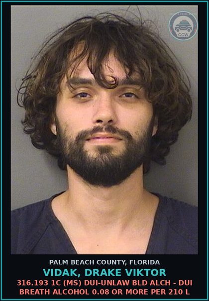CCW arrest card for VIDAK, DRAKE VIKTOR in Palm Beach County: 316.193 1C (MS) DUI-UNLAW BLD ALCH - DUI BREATH ALCOHOL 0.08 OR MORE PER 210 L