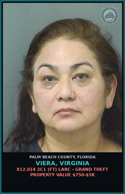 CCW arrest card for VIERA, VIRGINIA in Palm Beach County: 812.014 2C1 (FT) LARC - GRAND THEFT PROPERTY VALUE $750-$5K