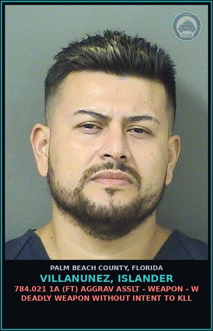 CCW arrest card for VILLANUNEZ, ISLANDER in Palm Beach County: 784.021 1A (FT) AGGRAV ASSLT - WEAPON - W DEADLY WEAPON WITHOUT INTENT TO KILL