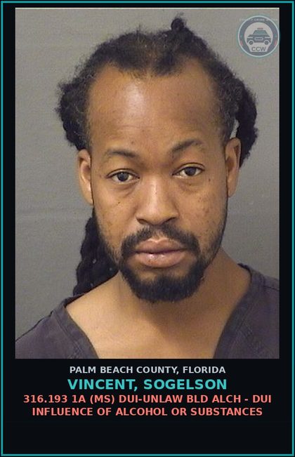 CCW arrest card for VINCENT, SOGELSON in Palm Beach County: 316.193 1A (MS) DUI-UNLAW BLD ALCH - DUI INFLUENCE OF ALCOHOL OR DRUGS