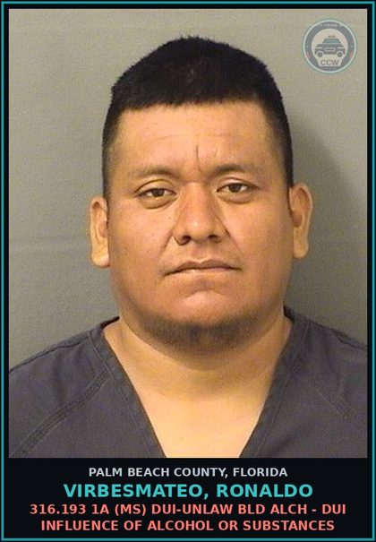 CCW arrest card for VIRBESMATEO, RONALDO in Palm Beach County: 316.193 1A (MS) DUI-UNLAW BLD ALCH - DUI INFLUENCE OF ALCOHOL OR DRUGS
