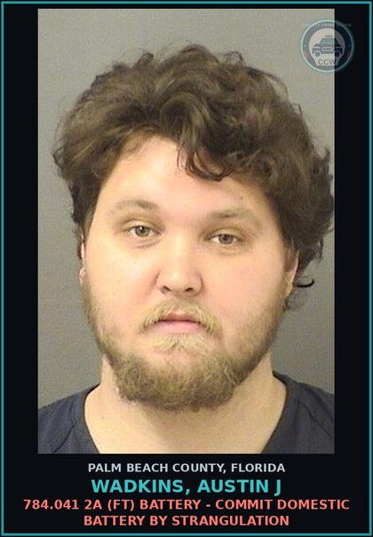 CCW arrest card for WADKINS, AUSTIN J in Palm Beach County: 784.041 2A (FT) BATTERY - COMMIT DOMESTIC BATTERY BY STRANGULATION
