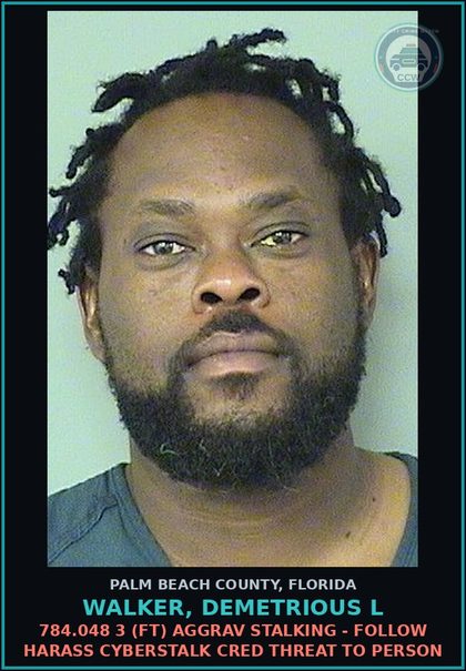 CCW arrest card for WALKER, DEMETRIOUS L in Palm Beach County: 784.048 3 (FT) AGGRAV STALKING - FOLLOW HARASS CYBERSTALK CRED THREAT TO PERSON