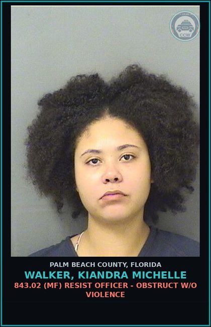 CCW arrest card for WALKER, KIANDRA MICHELLE in Palm Beach County: 843.02 (MF) RESIST OFFICER - OBSTRUCT W/O VIOLENCE