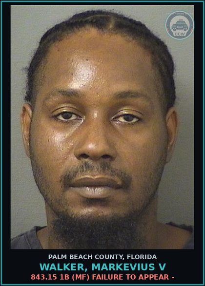 CCW arrest card for WALKER, MARKEVIUS V in Palm Beach County: 843.15 1B (MF) FAILURE TO APPEAR -