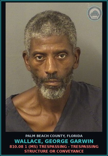 CCW arrest card for WALLACE, GEORGE GARWIN in Palm Beach County: 810.08 1 (MS) TRESPASSING - TRESPASSING STRUCTURE OR CONVEYANCE