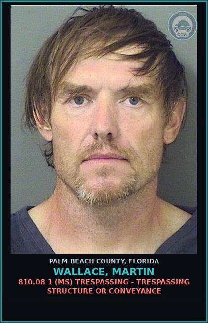 CCW arrest card for WALLACE, MARTIN in Palm Beach County: 810.08 1 (MS) TRESPASSING - TRESPASSING STRUCTURE OR CONVEYANCE