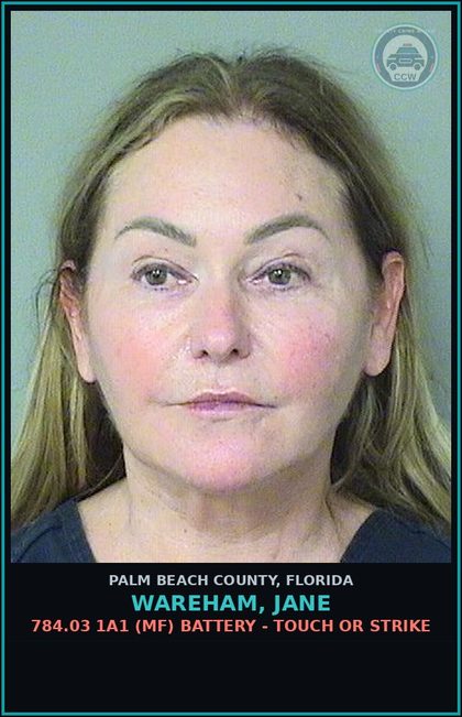 CCW arrest card for WAREHAM, JANE in Palm Beach County: 784.03 1A1 (MF) BATTERY - TOUCH OR STRIKE