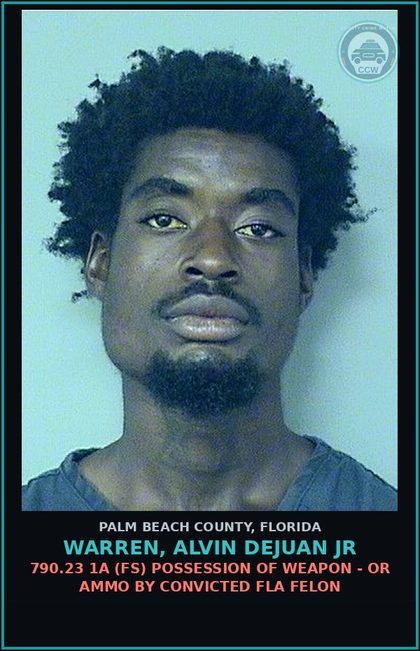 CCW arrest card for WARREN, ALVIN DEJUAN Jr in Palm Beach County: 790.23 1A (FS) POSSESSION OF WEAPON - OR AMMO BY CONVICTED FLA FELON