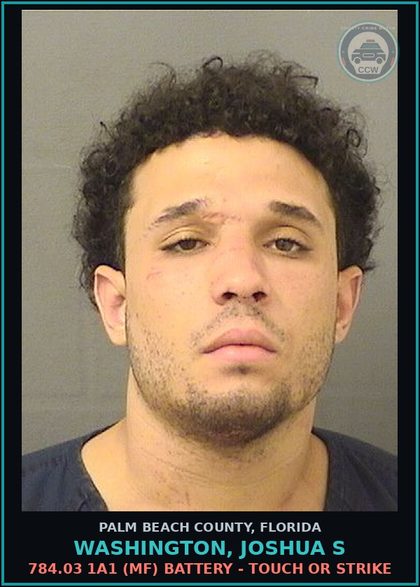 CCW arrest card for WASHINGTON, JOSHUA S in Palm Beach County: 784.03 1A1 (MF) BATTERY - TOUCH OR STRIKE