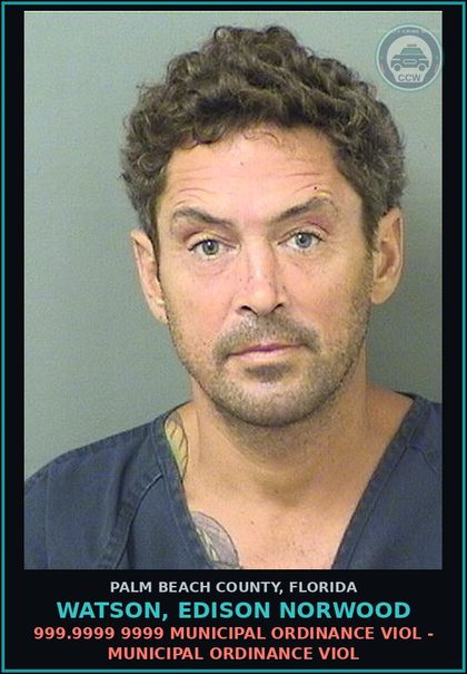 CCW arrest card for WATSON, EDISON NORWOOD in Palm Beach County: 999.9999 9999 MUNICIPAL ORDINANCE VIOL - MUNICIPAL ORDINANCE VIOL