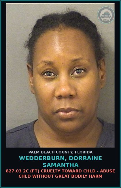 CCW arrest card for WEDDERBURN, DORRAINE SAMANTHA in Palm Beach County: 827.03 2C (FT) CRUELTY TOWARD chld - ABUSE chld WITHOUT GREAT BODILY HARM