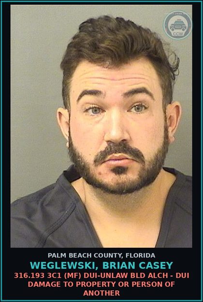 CCW arrest card for WEGLEWSKI, BRIAN CASEY in Palm Beach County: 316.193 3C1 (MF) DUI-UNLAW BLD ALCH - DUI DAMAGE TO PROPERTY OR PERSON OF ANOTHER