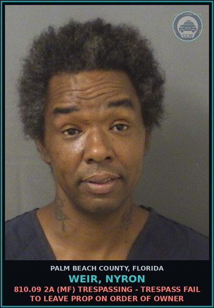 CCW arrest card for WEIR, NYRON in Palm Beach County: 810.09 2A (MF) TRESPASSING - TRESPASS FAIL TO LEAVE PROP ON ORDER OF OWNER