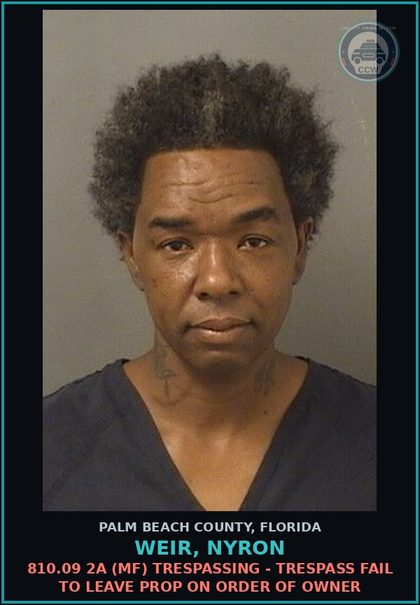 CCW arrest card for WEIR, NYRON in Palm Beach County: 810.09 2A (MF) TRESPASSING - TRESPASS FAIL TO LEAVE PROP ON ORDER OF OWNER