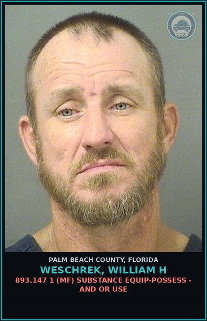 CCW arrest card for WESCHREK, WILLIAM H in Palm Beach County: 893.13 6A (FT) DRUGS-POSSESS - POSSESS contr substance W/O PRESCRIPTION