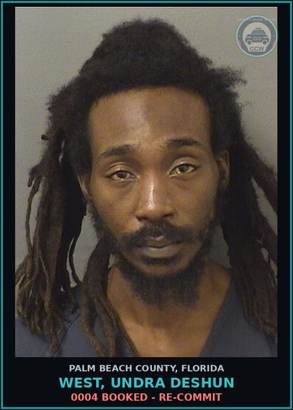 CCW arrest card for WEST, UNDRA DESHUN in Palm Beach County: 0004 BOOKED - RE-COMMIT