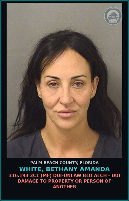 CCW arrest card for WHITE, BETHANY AMANDA in Palm Beach County: 316.193 3C1 (MF) DUI-UNLAW BLD ALCH - DUI DAMAGE TO PROPERTY OR PERSON OF ANOTHER