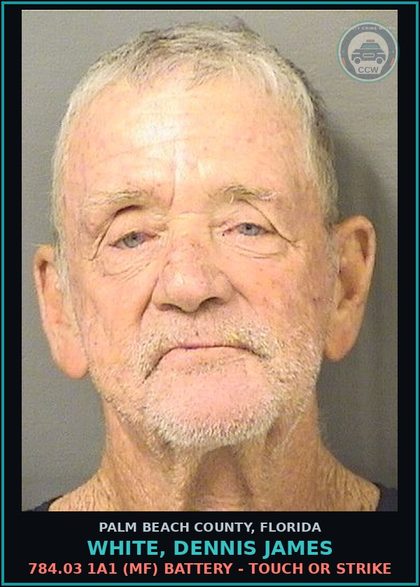 CCW arrest card for WHITE, DENNIS JAMES in Palm Beach County: 784.03 1A1 (MF) BATTERY - TOUCH OR STRIKE
