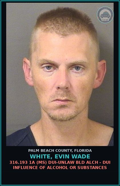 CCW arrest card for WHITE, EVIN WADE in Palm Beach County: 316.193 1A (MS) DUI-UNLAW BLD ALCH - DUI INFLUENCE OF ALCOHOL OR DRUGS