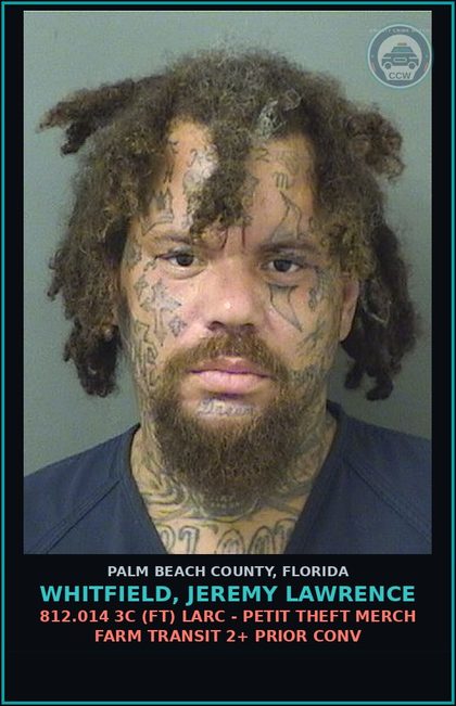CCW arrest card for WHITFIELD, JEREMY LAWRENCE in Palm Beach County: 812.014 3C (FT) LARC - PETIT THEFT MERCH FARM TRANSIT 2+ PRIOR CONV