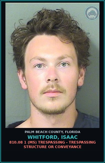 CCW arrest card for WHITFORD, ISAAC in Palm Beach County: 810.08 1 (MS) TRESPASSING - TRESPASSING STRUCTURE OR CONVEYANCE