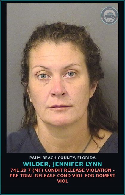 CCW arrest card for WILDER, JENNIFER LYNN in Palm Beach County: 741.29 7 (MF) CONDIT RELEASE VIOLATION - PRE TRIAL RELEASE COND VIOL FOR DOMEST VIOL