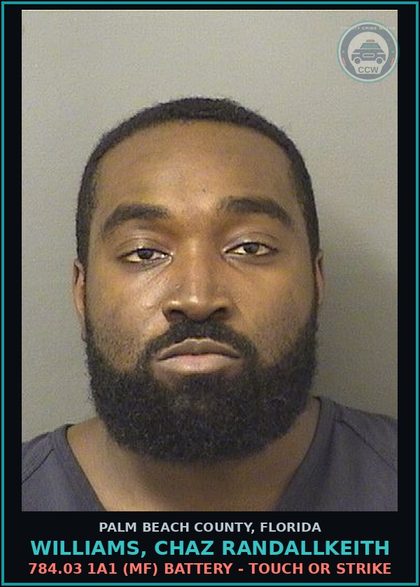 CCW arrest card for WILLIAMS, CHAZ RANDALLKEITH in Palm Beach County: 784.03 1A1 (MF) BATTERY - TOUCH OR STRIKE