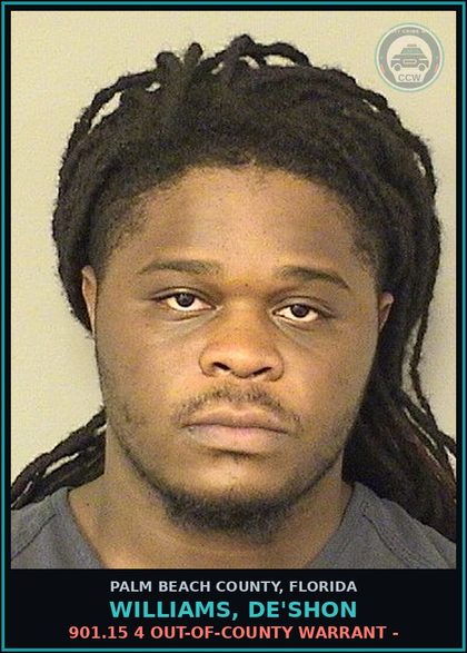 CCW arrest card for WILLIAMS, DE'SHON in Palm Beach County: 901.15 4 OUT-OF-COUNTY WARRANT -