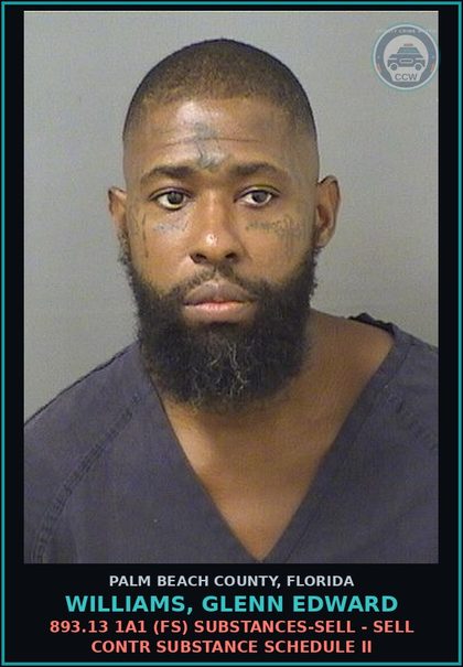 CCW arrest card for WILLIAMS, GLENN EDWARD in Palm Beach County: 893.13 1A1 (FS) DRUGS-SELL - SELL contr substance SCHEDULE II