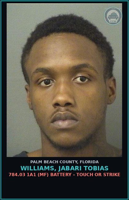 CCW arrest card for WILLIAMS, JABARI TOBIAS in Palm Beach County: 784.03 1A1 (MF) BATTERY - TOUCH OR STRIKE