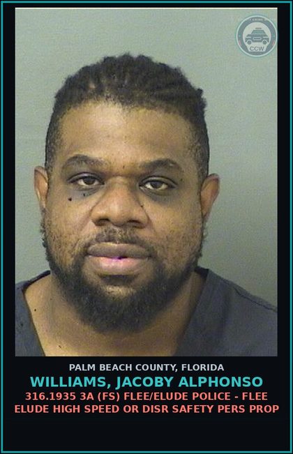 CCW arrest card for WILLIAMS, JACOBY ALPHONSO in Palm Beach County: 316.1935 3A (FS) FLEE/ELUDE POLICE - FLEE ELUDE HIGH SPEED OR DISR SAFETY PERS PROP