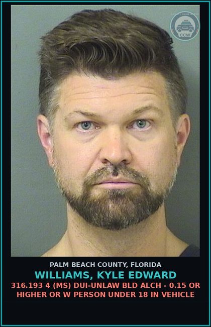 CCW arrest card for WILLIAMS, KYLE EDWARD in Palm Beach County: 316.193 4 (MS) DUI-UNLAW BLD ALCH - 0.15 OR HIGHER OR W PERSON UNDER 18 IN VEHICLE