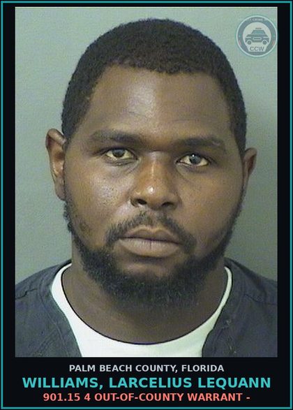 CCW arrest card for WILLIAMS, LARCELIUS LEQUANN in Palm Beach County: 901.15 4 OUT-OF-COUNTY WARRANT -