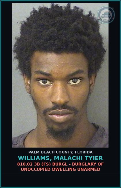 CCW arrest card for WILLIAMS, MALACHI TYIER in Palm Beach County: 810.02 3B (FS) BURGL - BURGLARY OF UNOCCUPIED DWELLING UNARMED
