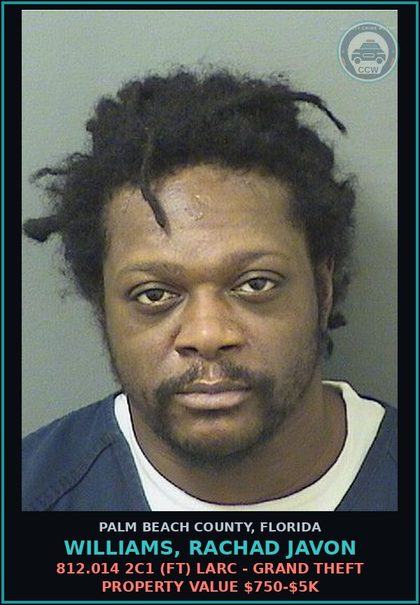 CCW arrest card for WILLIAMS, RACHAD JAVON in Palm Beach County: 812.015 9B (FS) LARC - COORDINATE 1+ PERSON RETAIL THEFT VALUE GT $3K