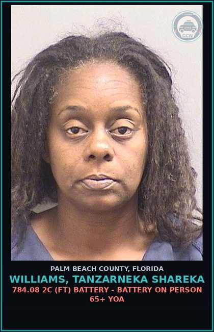 CCW arrest card for WILLIAMS, TANZARNEKA SHAREKA in Palm Beach County: 784.08 2C (FT) BATTERY - BATTERY ON PERSON 65+ YOA