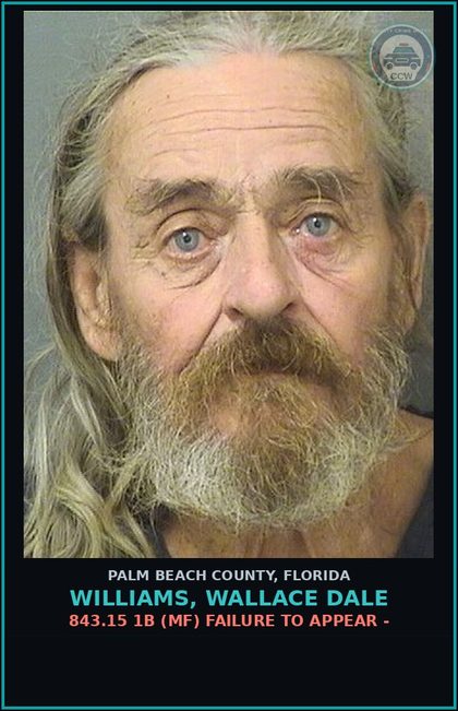 CCW arrest card for WILLIAMS, WALLACE DALE in Palm Beach County: 843.15 1B (MF) FAILURE TO APPEAR -