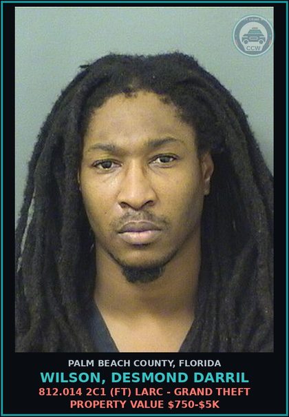 CCW arrest card for WILSON, DESMOND DARRIL in Palm Beach County: 812.014 2C1 (FT) LARC - GRAND THEFT PROPERTY VALUE $750-$5K