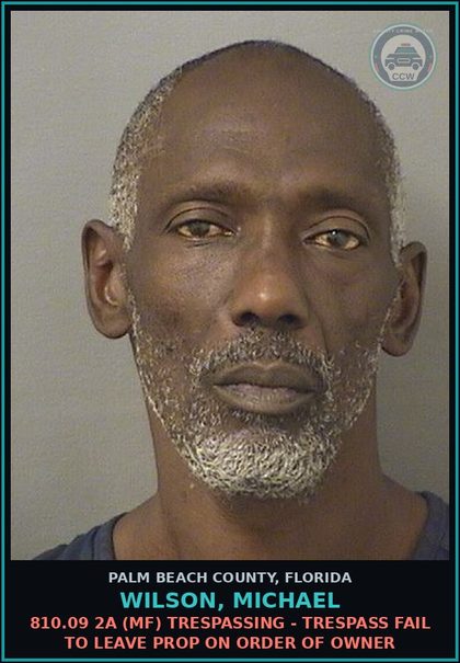 CCW arrest card for WILSON, MICHAEL in Palm Beach County: 810.09 2A (MF) TRESPASSING - TRESPASS FAIL TO LEAVE PROP ON ORDER OF OWNER