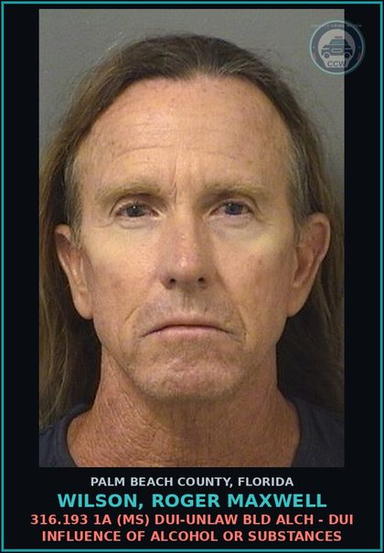 CCW arrest card for WILSON, ROGER MAXWELL in Palm Beach County: 316.193 1A (MS) DUI-UNLAW BLD ALCH - DUI INFLUENCE OF ALCOHOL OR DRUGS