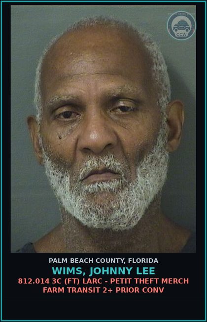 CCW arrest card for WIMS, JOHNNY LEE in Palm Beach County: 812.014 3C (FT) LARC - PETIT THEFT MERCH FARM TRANSIT 2+ PRIOR CONV
