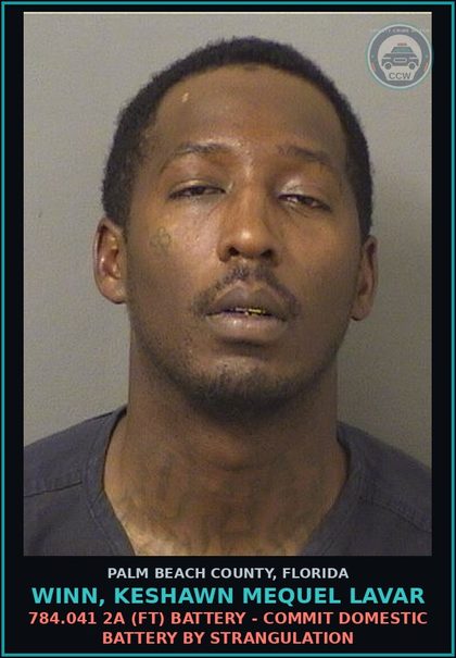 CCW arrest card for WINN, KESHAWN MEQUEL LAVAR in Palm Beach County: 784.041 2A (FT) BATTERY - COMMIT DOMESTIC BATTERY BY STRANGULATION