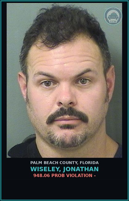 CCW arrest card for WISELEY, JONATHAN in Palm Beach County: 948.06 PROB VIOLATION -