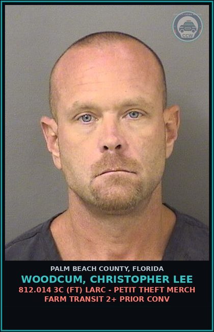CCW arrest card for WOODCUM, CHRISTOPHER LEE in Palm Beach County: 812.014 3C (FT) LARC - PETIT THEFT MERCH FARM TRANSIT 2+ PRIOR CONV