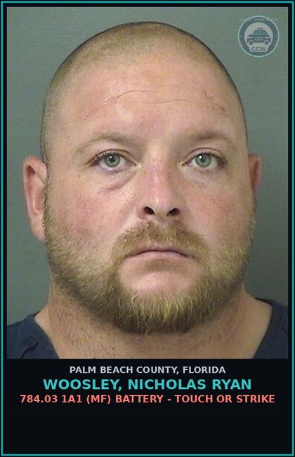 CCW arrest card for WOOSLEY, NICHOLAS RYAN in Palm Beach County: 784.03 1A1 (MF) BATTERY - TOUCH OR STRIKE