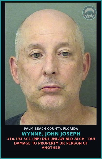 CCW arrest card for WYNNE, JOHN JOSEPH in Palm Beach County: 316.193 3C1 (MF) DUI-UNLAW BLD ALCH - DUI DAMAGE TO PROPERTY OR PERSON OF ANOTHER
