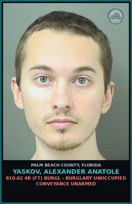 CCW arrest card for YASKOV, ALEXANDER ANATOLE in Palm Beach County: 812.014 2C6 (FT) VEH THEFT - GRAND THEFT OF MOTOR VEHICLE